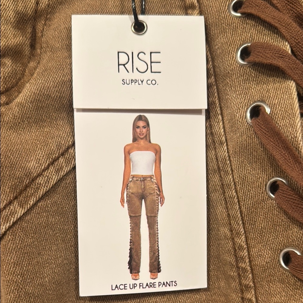 Boutique Tan Flare Pants with Lace-Up Detail - Picture 8 of 13